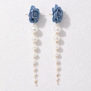 Elegante blaue Jeans-Rosenblüte und Perlen-Quasten-Ohrringe für Damen mode-schmuck chic neu.