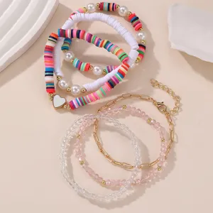 Buntes Polymer Ton Perlen Armband Set mit süßem Herz Anhänger modischer Schmuck für Damen