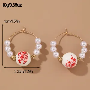 Vintage Chinese style pearl ceramic earrings, elegant gold hoop design with floral beads.
