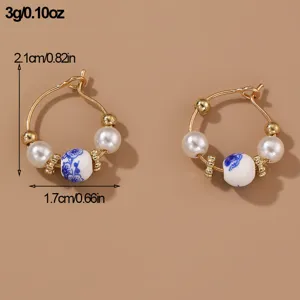 Vintage blue and white porcelain pearl hoop earrings for women ethnic Chinese style jewelry