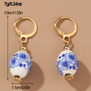 Blue and white porcelain style ceramic bead leverback earrings detail, vintage Chinese style.