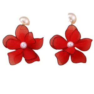 Pendientes de botón con flor de malla roja de doble capa y perlas, estilo coreano moderno.
