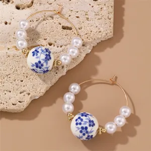 Vintage Chinese style blue and white porcelain ceramic pearl hoop earrings for women chic.