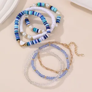 Farbenfrohes Fimo-Perlen und Kristall Armband Set für Damen, handgemachter Schmuck.