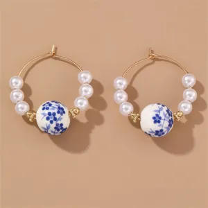 Vintage blue and white porcelain pearl hoop earrings for women elegant Chinese style jewelry