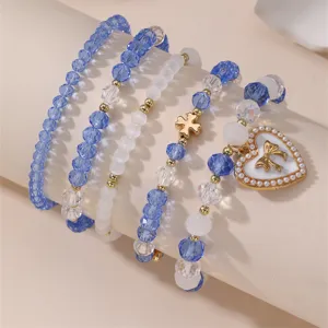 Blau weisses Perlenarmband Set Kristall Herz Schleife Anhaenger handgemachte Modeschmuck