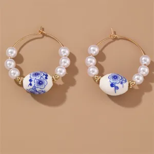 Chic blue and white porcelain pearl hoop earrings, vintage Chinese style jewelry for women.