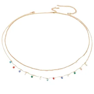 Goldfarbene mehrlagige Körperkette mit bunten Kristallen für Damen Strand Taille Schmuck