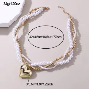 Mehrlagige Perlen- und Goldperlenkette mit Herzanhänger, Länge 42+4,5 cm für Damen.