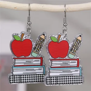 Boucles d'oreilles en acrylique pailleté pour la rentrée scolaire, motifs école.