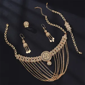 Goldfarbenes hohles Filigran Halskette Ohrringe Ring Armband Schmuck Set für Damen Party