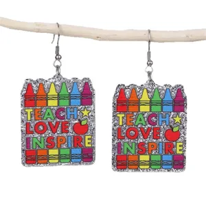 Boucles d'oreilles rectangle résine paillettes thème enseignant joli cadeau bijoux femme