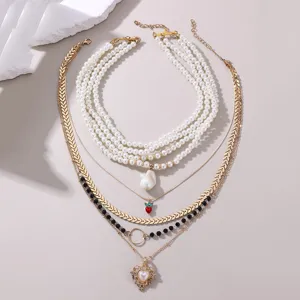 Mehrlagige Perlenkette Vintage Goldkette Herz Anhänger Statement Schmuck für Frauen