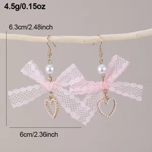 Elegante rosa spitze schleife herz ohrringe mit weißen perlen, süßer langer stil für frauen.