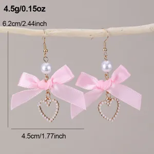 Rosa Schleife Perle Herz Ohrringe für Damen, süßer und eleganter Modeschmuck Zubehör.