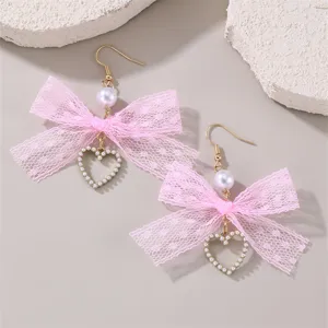 Rosa spitze schleife ohrringe mit perle und herz anhänger süßer modeschmuck für frauen elegant