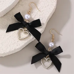 Elegante schwarze Schleife Perle Herz Ohrringe Damen Mode Schmuck süßer Stil Accessoire