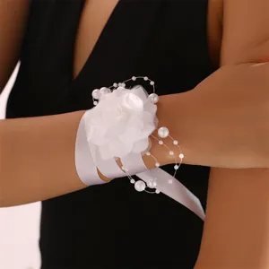 Corsetto da polso da sposa bianco perla fiore in tessuto nastro braccialetto matrimonio damigella