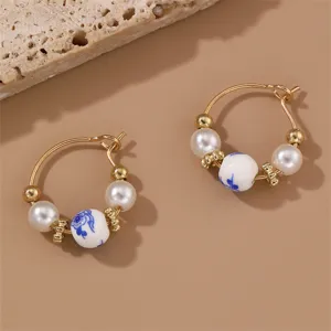Retro blue and white porcelain pearl gold hoop earrings for women elegant Chinese style jewelry