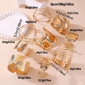 9-teiliges goldenes Metall Manschettenarmband Set, offene Blumen Hohl Armreifen Schmuck.