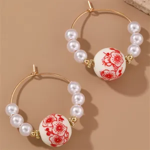 Vintage Chinese style pearl hoop earrings with red floral ceramic beads for women daily wear fashion