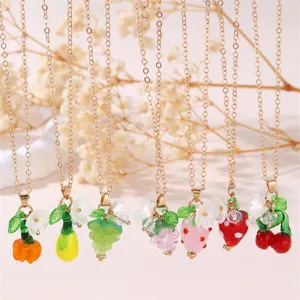 Fashion Resin Fruit Pendant Necklace For Women Colorful Sweet Strawberry Grape Cherry Charm Electroplated Metal Fine Chain Neck Jewelry Gift