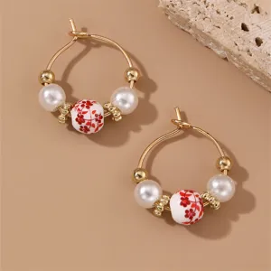 Vintage Chinese style porcelain floral pearl hoop earrings elegant gold jewelry for women