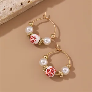 Vintage Chinese style pearl and red floral ceramic hoop earrings, elegant women jewelry.