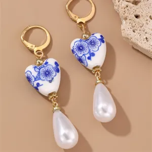 Vintage blue and white porcelain heart faux pearl dangle earrings gold tone drop jewelry
