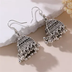 Vintage ινδικά εθνοτικά σκουλαρίκια Jhumka με φούντα, ρετρό σκαλιστό κλουβί πουλιών.