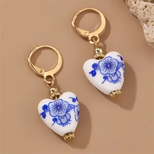 Vintage Chinese style blue and white porcelain heart earrings elegant gold leverback dangle