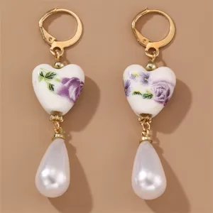 Retro ceramic heart pearl dangle earrings, elegant floral drop earrings for women daily.
