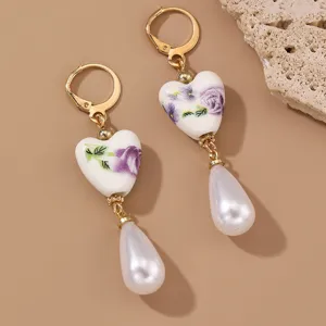 Vintage ceramic heart pearl dangle earrings for women, elegant floral drop earring.