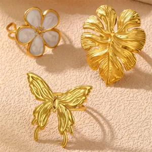 Goldener Ring-Set mit weißer Emaille-Blume, Blatt und Schmetterling offenes Design für Damen