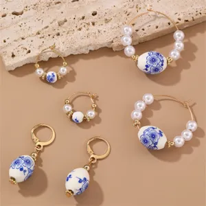 Vintage Blue and White Porcelain Pearl Hoop Earrings Set Chinese Style Jewelry for Women
