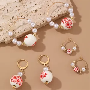 Vintage Chinese style porcelain pearl hoop earrings set, elegant red floral ceramic jewelry.