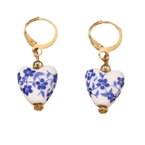 Chic blue and white porcelain heart earrings with gold leverback hooks for women