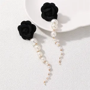 Schwarze beflockte Rosenblüte lange Perlen Quasten Ohrringe elegante Damen Modeschmuck