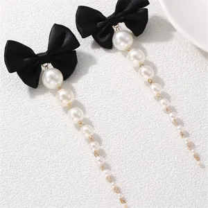 Elegante lange Ohrringe mit schwarzer Schleife und künstlichen Perlen Damen Schmuck.