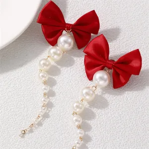 Schicke rote Satin Schleife lange Perlen Quaste Ohrringe, elegante Mode Ohrhänger für Damen.