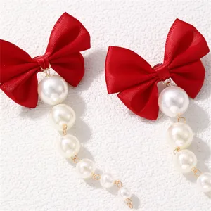 Elegante rote Schleife Kunstperlen Quaste Ohrringe für Damen, stilvoller Herbst Winter Modeschmuck.