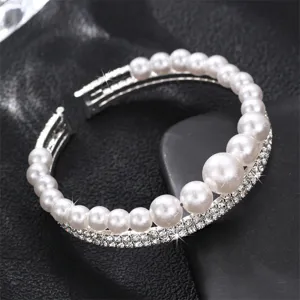 Doppelter Strass Perlen offener Armreif elegante silberfarbene Party Schmuck Accessoire