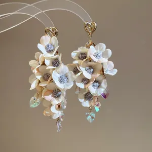 Korean style fabric flower tassel earrings chic minimalist long ear studs for women fashion