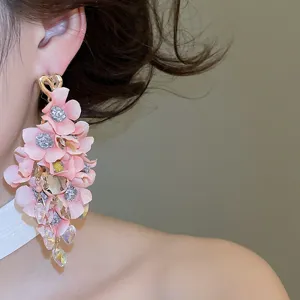 Korean style pink fabric flower tassel earrings with rhinestones and crystal drops for women.