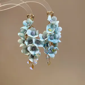 Korean style blue fabric flower tassel earrings with crystal charms, chic and elegant jewelry.