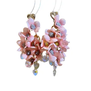 Korean style pink fabric flower tassel earrings elegant fashion women jewelry daily wear accessory