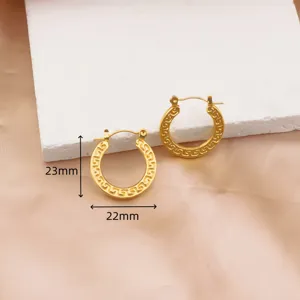 Stainless steel gold plated hoop earrings with classic geometric meander design 22x23mm