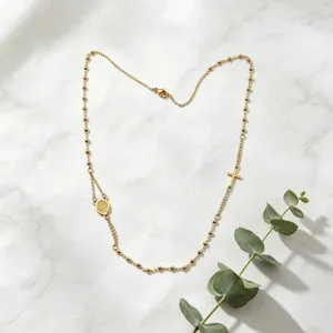 Collier Pendentif Croix Perlé en Acier Inoxydable Vintage Couleur Or Chaîne Clavicule Cadeau Bijoux Mode Pour Femmes