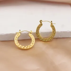 Chic gold stainless steel hoop earrings featuring classic Greek key design for women.