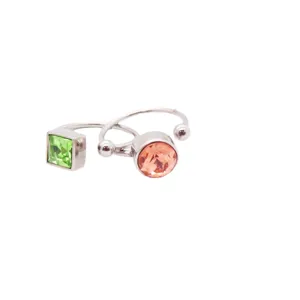 Minimalist titanium steel open joint ring with green and peach crystals for daily chic style.